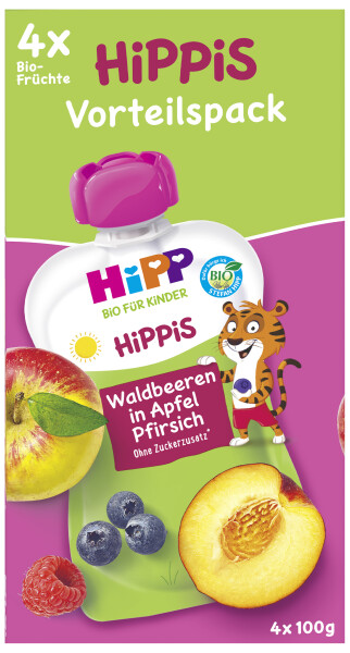 HiPP Hippis Waldbeeren in Apfel-Pfirsich 4er-Packung