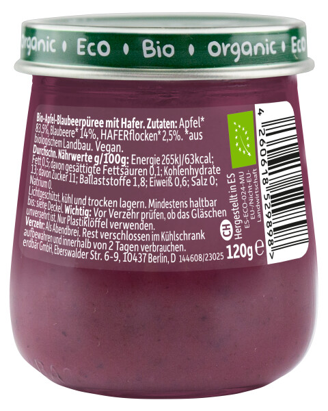 Freche Freunde Bio Gläschen Abendbrei Apfel, Blaubeere mit Hafer